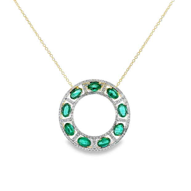Yellow Gold Emerald and Diamond Circle Necklace