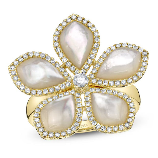 Shy Creation Yellow Gold Mother of Pearl and Diamond Flower Ring