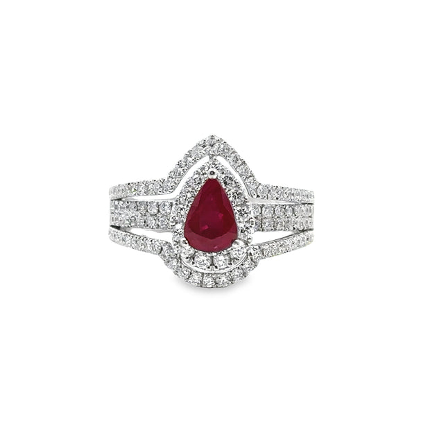 White Gold Ruby and Diamond Halo Ring