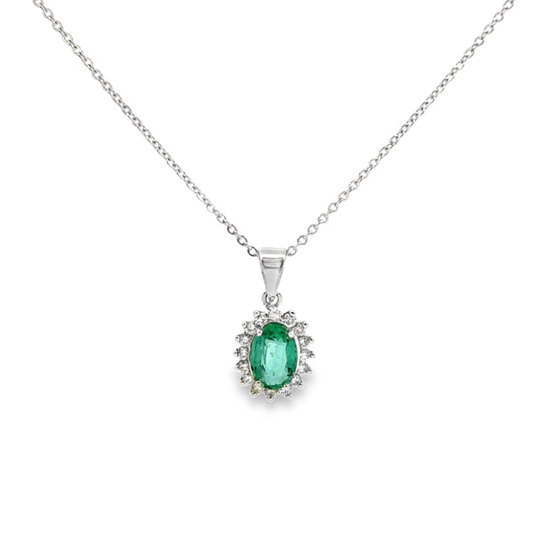 White Gold Emerald and Diamond Halo Pendant