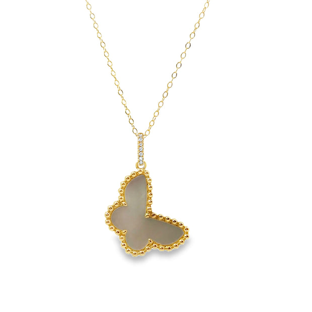 Yellow Gold Mother of Pearl and Diamond Butterfly Pendant