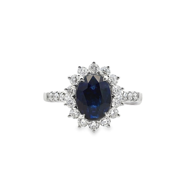 White Gold Sapphire and Diamond Halo Ring