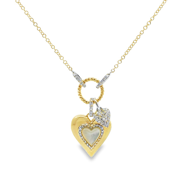 Shy Creation Yellow Gold Mother of Pearl and Diamond Heart Necklace