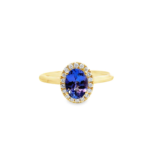 Yellow Gold Tanzanite and Diamond Halo Ring