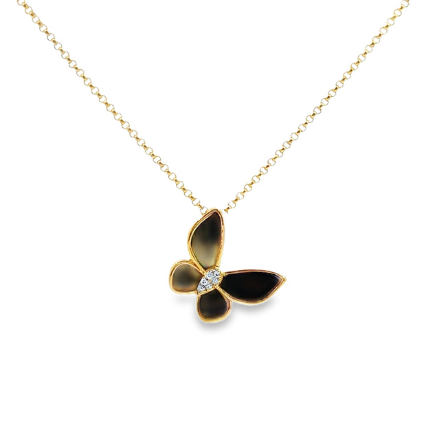Yellow Gold Black Onyx and Diamond Butterfly Pendant
