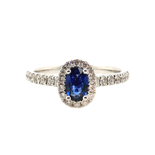 White Gold Sapphire and Diamond Halo Ring