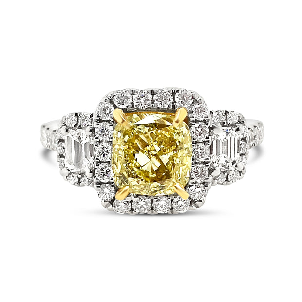 White/Yellow Gold Fancy Yellow Diamond Three Stone Halo Ring