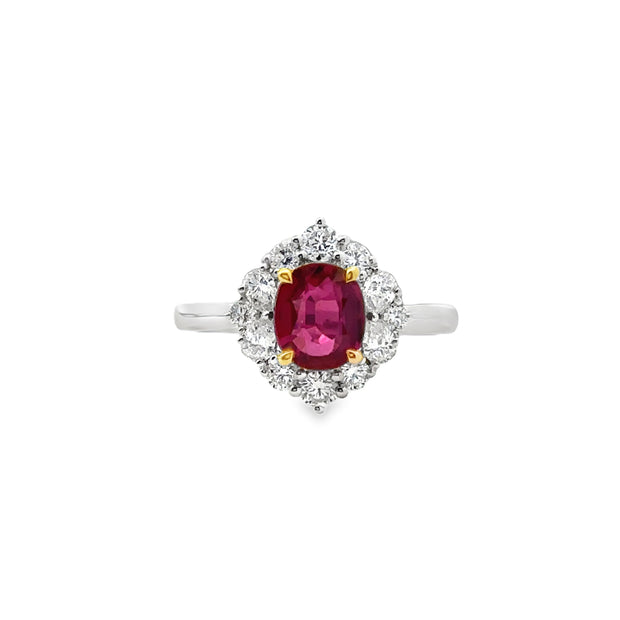 White Gold Ruby and Diamond Halo Ring