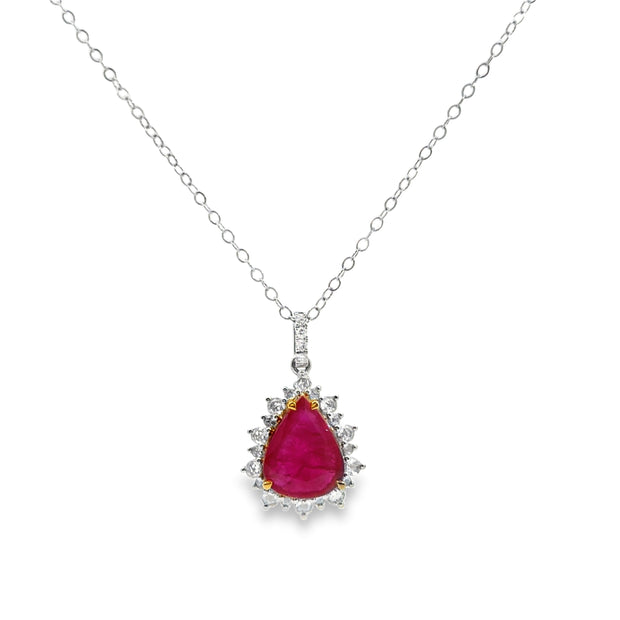 White Gold Ruby and Diamond Halo Pendant