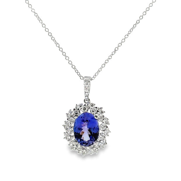 White Gold Tanzanite and Diamond Halo Pendant