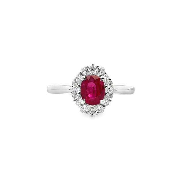 White Gold Ruby and Diamond Halo Ring