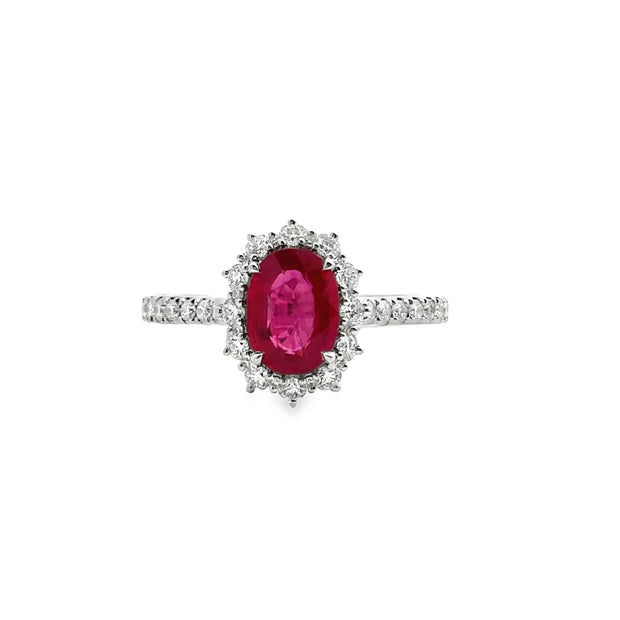 White Gold Ruby and Diamond Halo Ring
