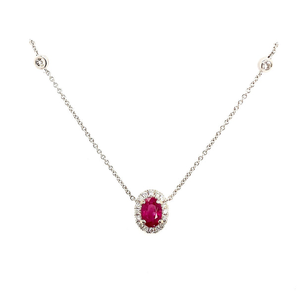 White Gold Ruby and Diamond Halo Necklace