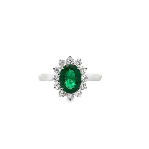White Gold Emerald and Diamond Halo Ring