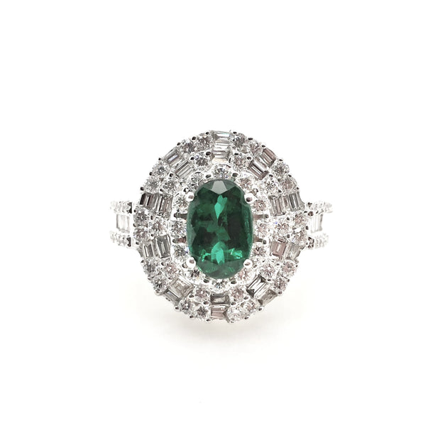 White Gold Emerald and Diamond Halo Ring