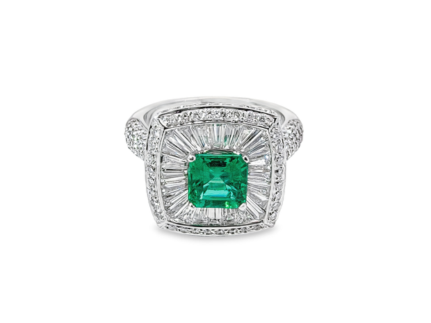 White Gold Emerald and Diamond Halo Ring