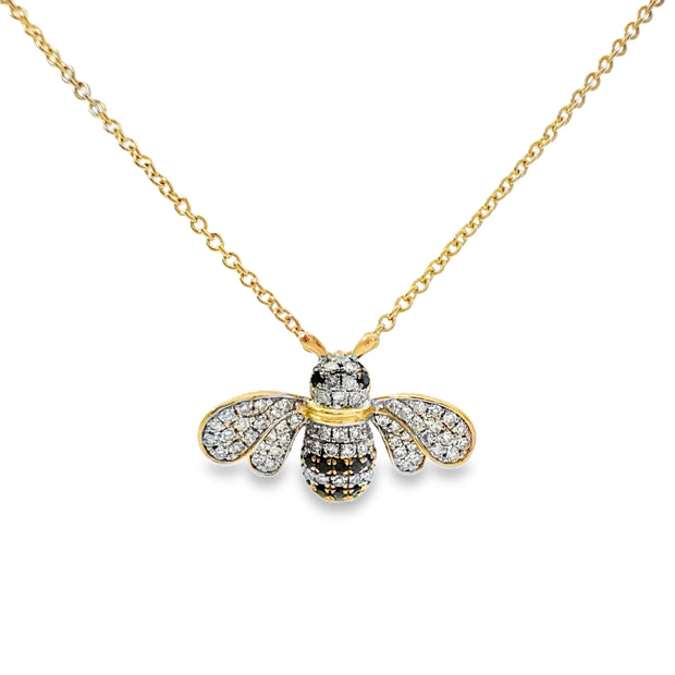 Yellow Gold Black and White Diamond Bumble Bee Fashion Necklace