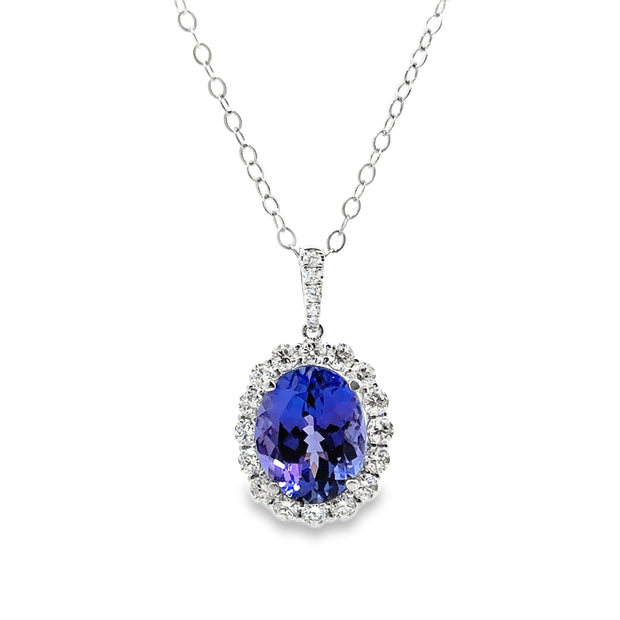 White Gold Tanzanite and Diamond Halo Pendant