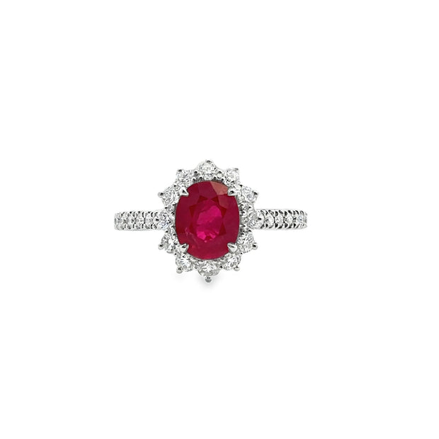 White Gold Ruby and Diamond Halo Ring