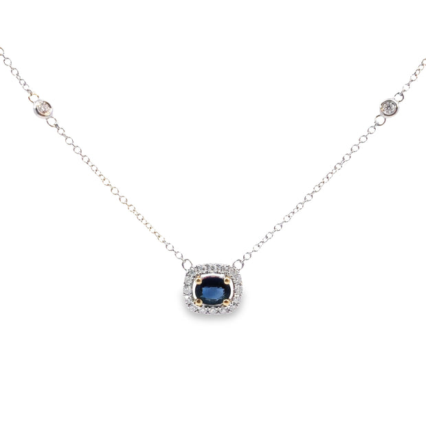 White Gold Sapphire and Diamond Halo Necklace