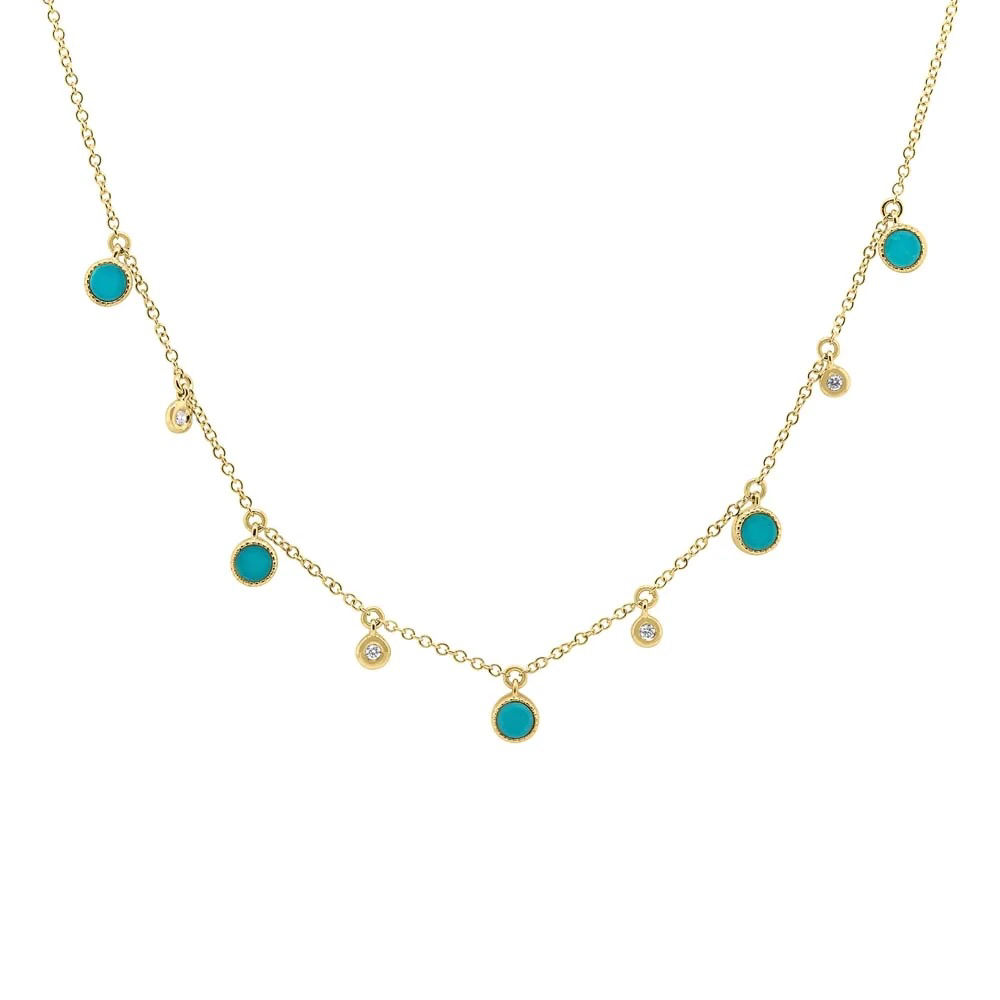 Shy Creation Yellow Gold Turquoise and Diamond Stationed Necklace