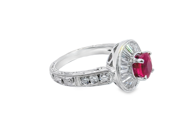 White Gold Ruby and Diamond Halo Ring