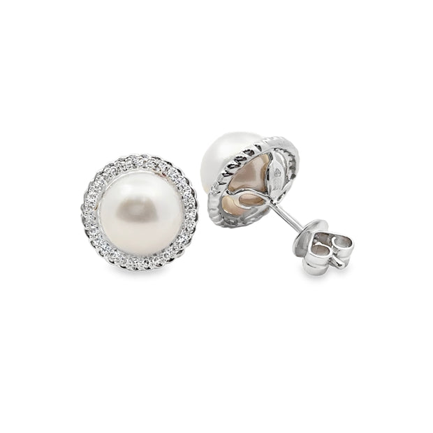 White Gold Pearl and Diamond Halo Stud Earrings