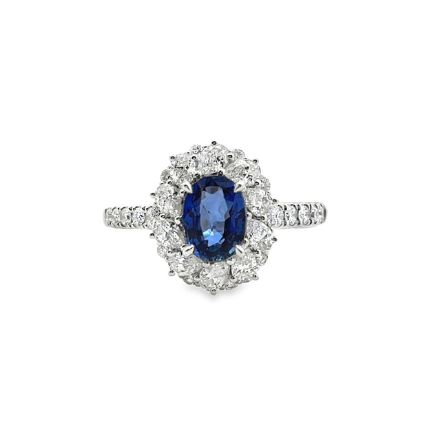 White Gold Sapphire and Diamond Halo Ring