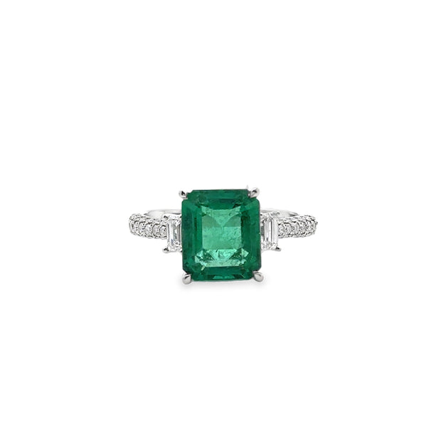 White Gold Emerald and Diamond Three Stone Ring