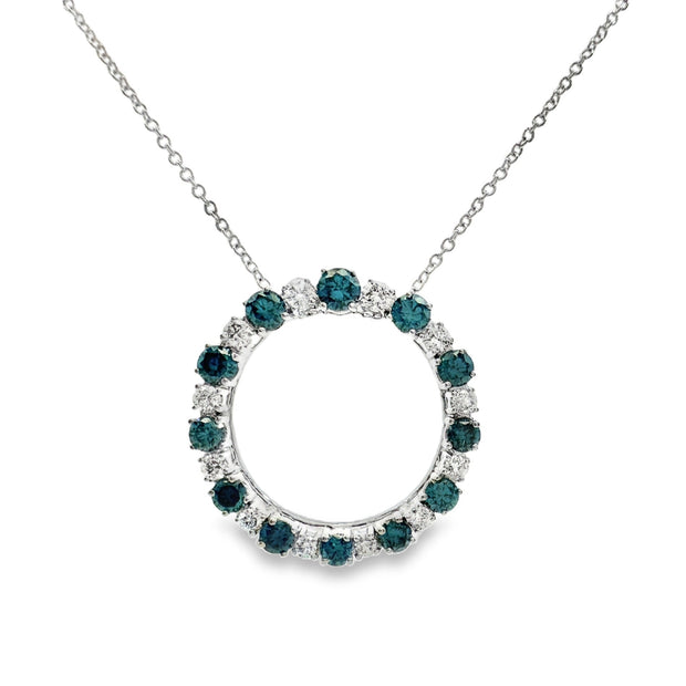 White Gold Alternating Blue and White Diamond Circle Pendant