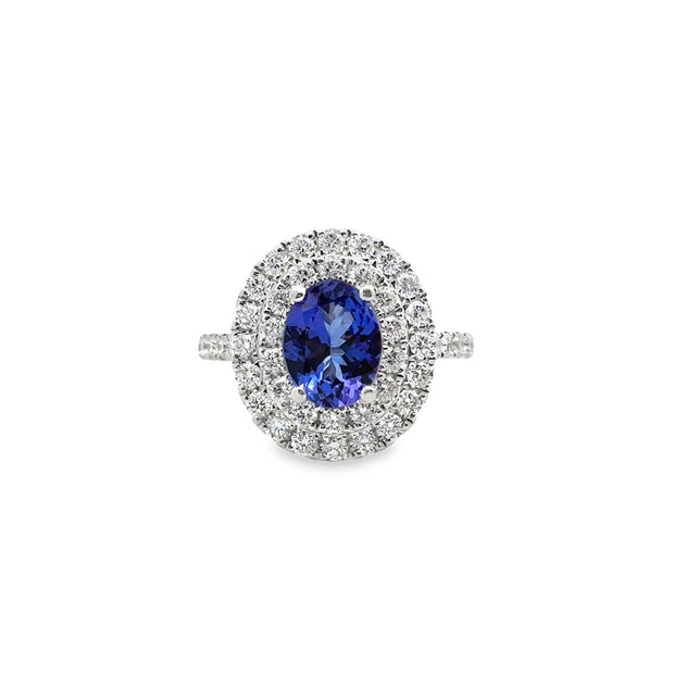 White Gold Tanzanite and Diamond Halo Ring