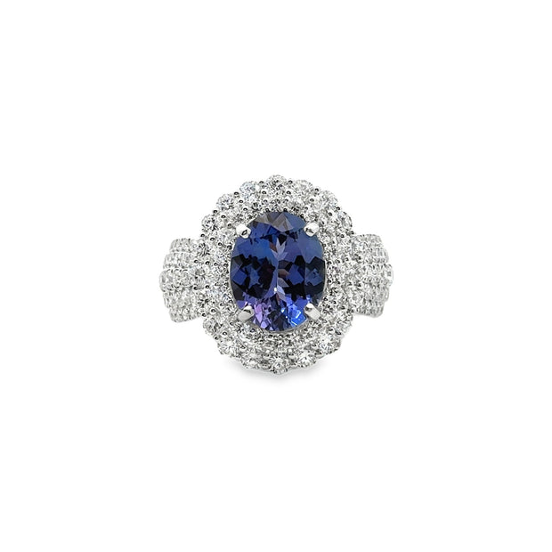 White Gold Tanzanite and Diamond Halo Ring
