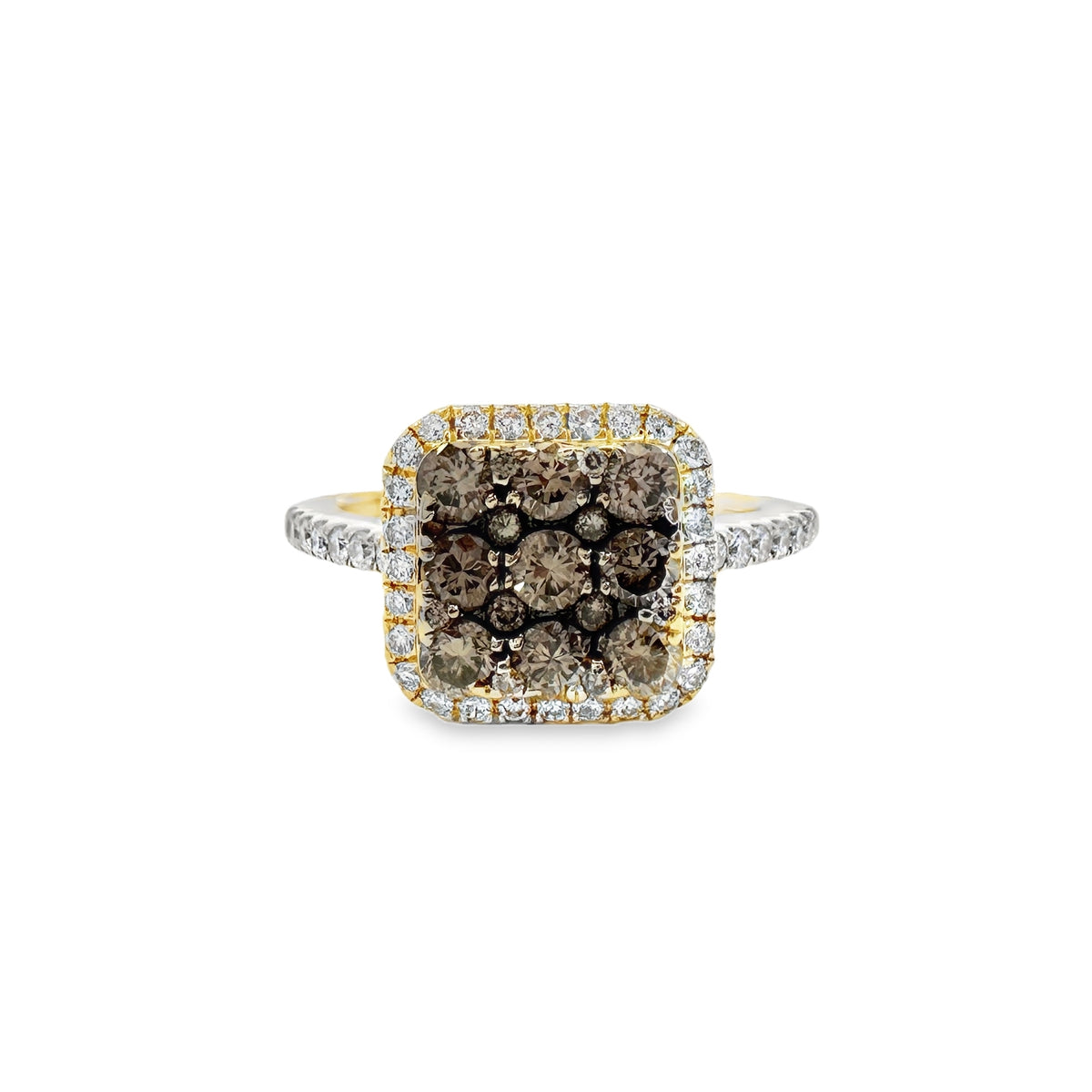 Yellow Gold White and Fancy Chocolate Brown Color Pave Diamond Fashion Ring