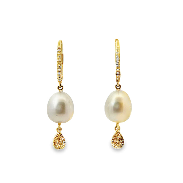 Yellow Gold Pearl and Diamond Dangle Earrings