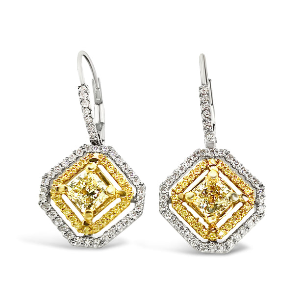 White/Yellow Gold Fancy Yellow Diamond Halo Dangle Earrings