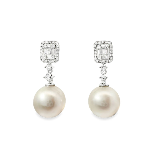 White Gold Pearl and Diamond Dangle Earrings