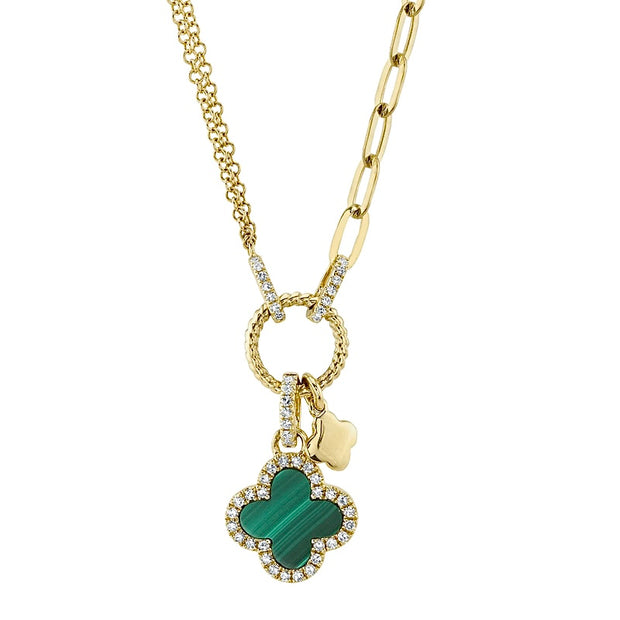Shy Creation Yellow Gold Diamond and Malachite Clover Shape Fashion Necklace