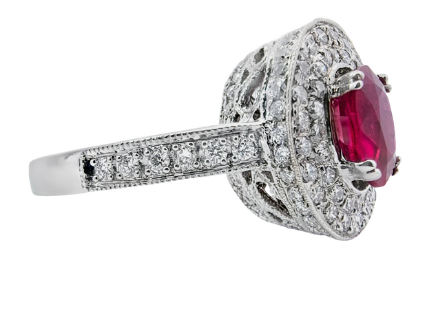 White Gold Ruby and Diamond Halo Ring