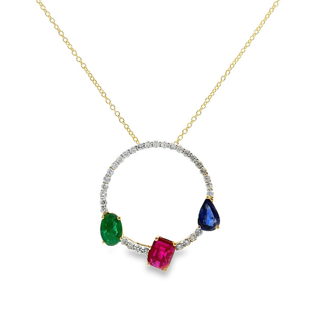 Yellow Gold Emerald, Ruby, Sapphire and Diamond Circle Necklace