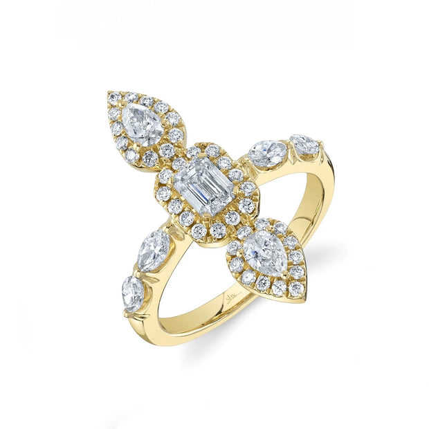 Shy Creation Yellow Gold Three Stone Diamond Halo Fashion Ring