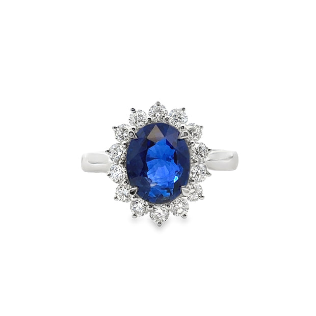 White Gold Sapphire and Diamond Halo Ring