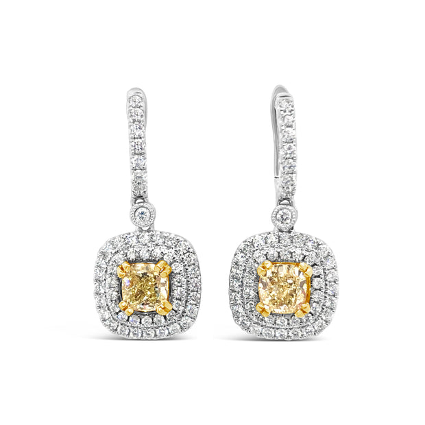 White/Yellow Gold Fancy Yellow Double Halo Diamond Drop Earrings