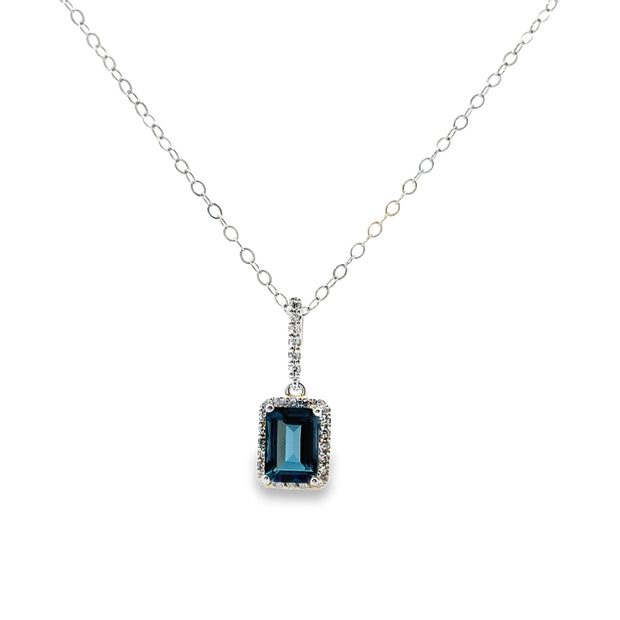 White Gold Blue Topaz and Diamond Halo Pendant