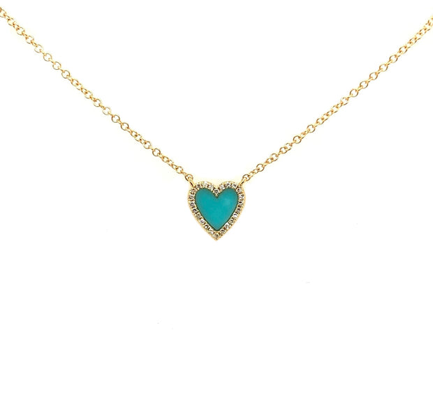 Yellow Gold Turquoise and Diamond Heart Necklace