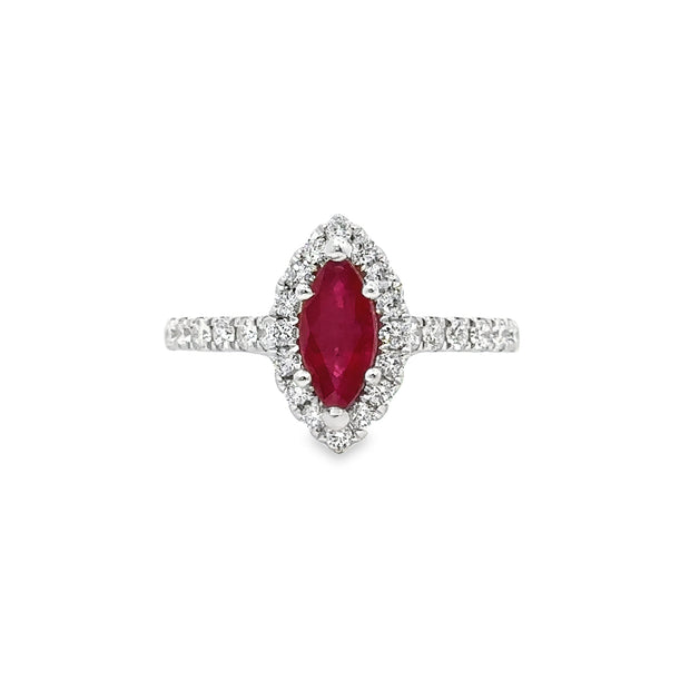 White Gold Ruby and Diamond Halo Ring