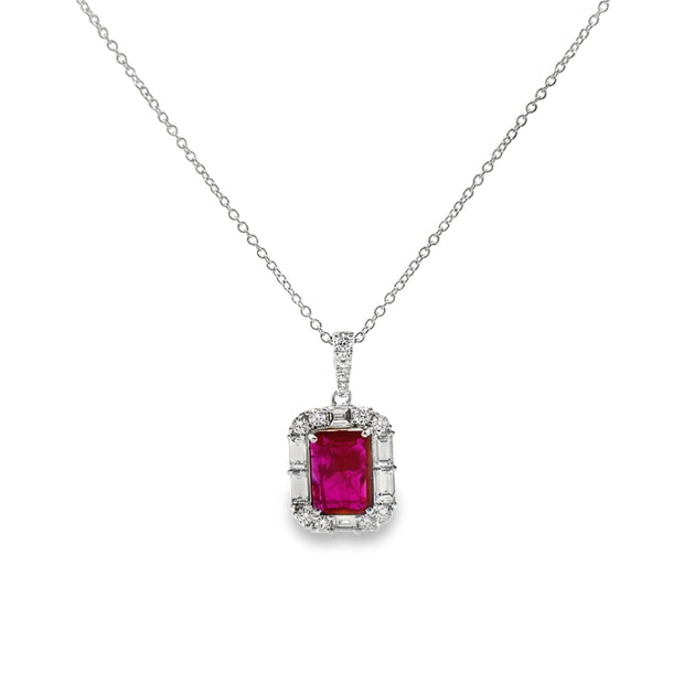 White Gold Ruby and Diamond Halo Pendant