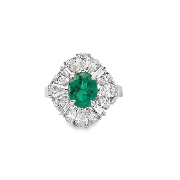 White Gold Emerald and Diamond Halo Ring
