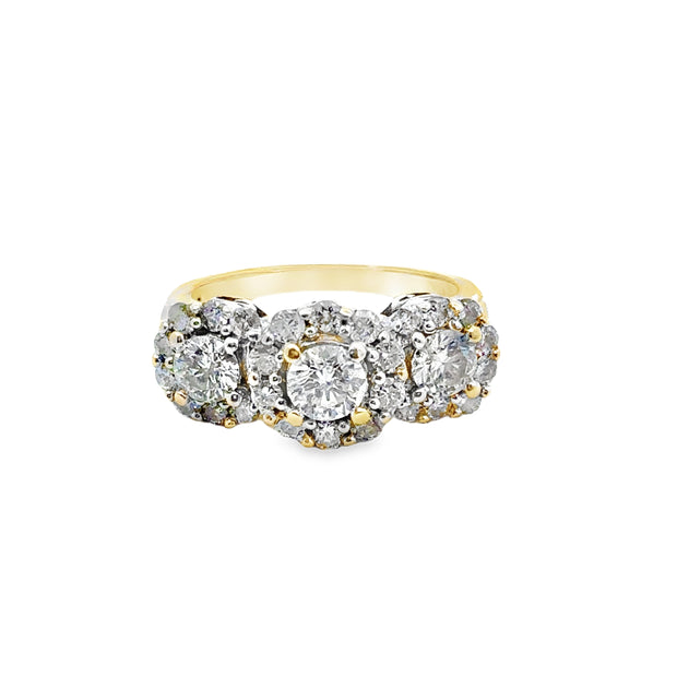 Yellow Gold Three Stone Diamond Halo Ring