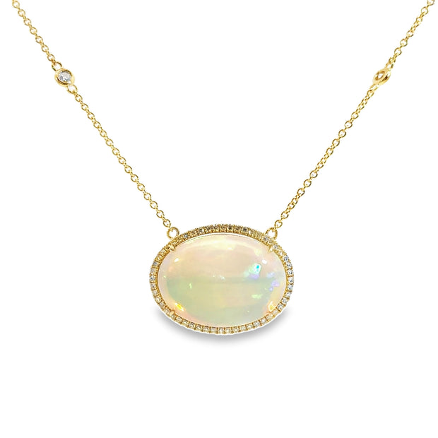 Yellow Gold Opal and Diamond Halo Necklace