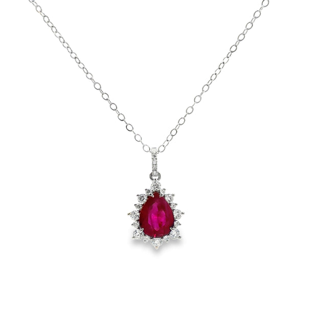 White Gold Ruby and Diamond Halo Pendant